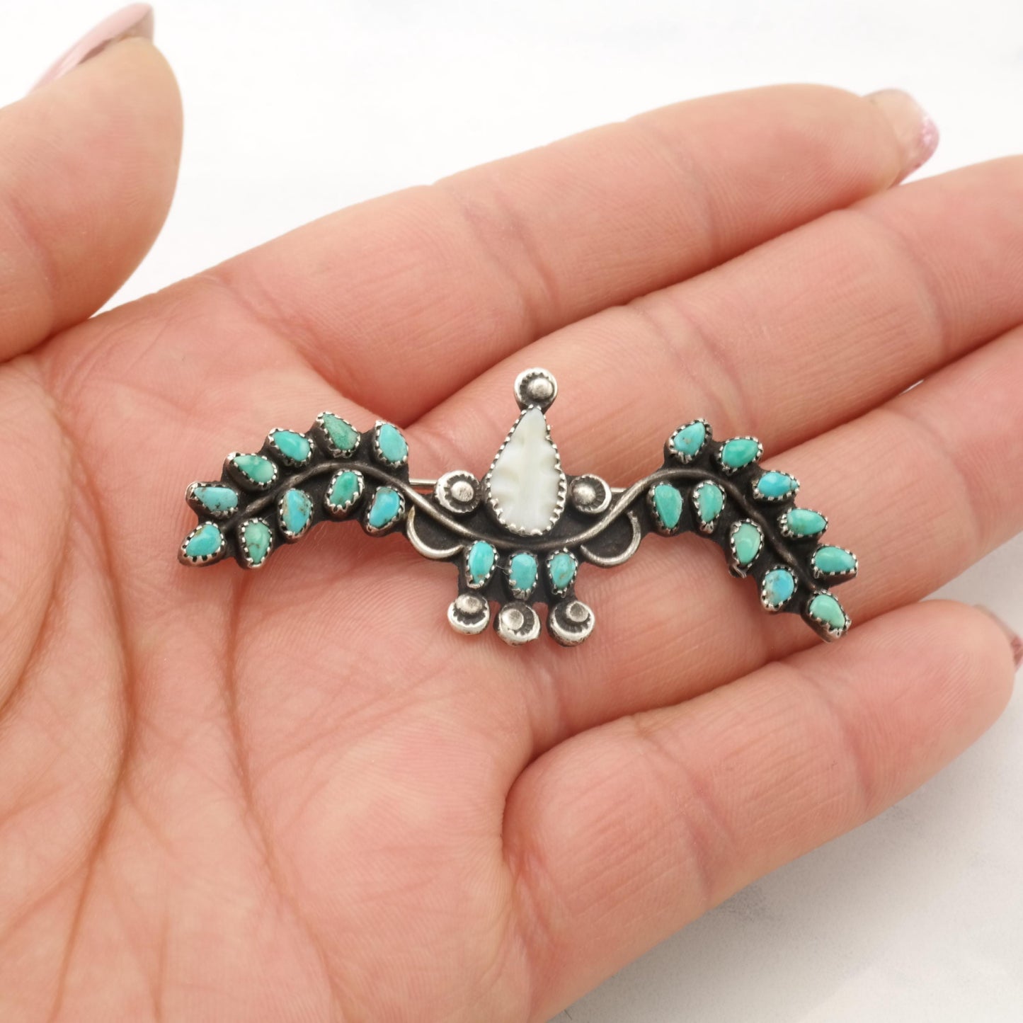 Native American Wings Blue, White Turquoise, Carved MOP Sterling Silver Brooch