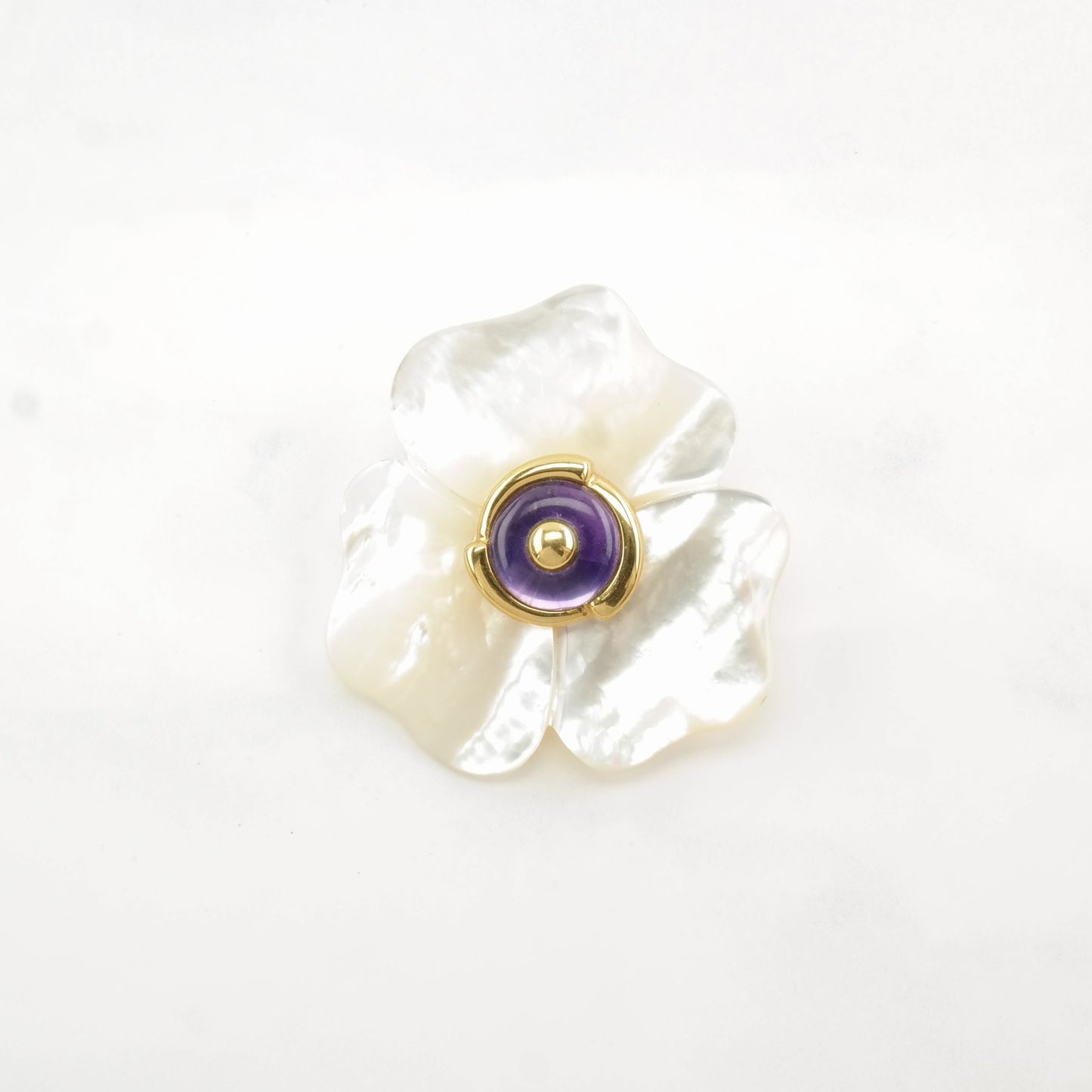 Vintage Kai-yin Lo Sterling Silver Brooch Floral Purple MOP, Gold Toned Accents, Amethyst