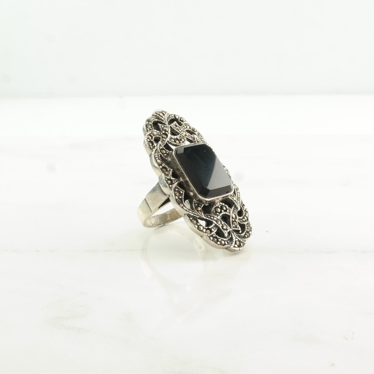 Art Deco Style Silver Ring Onyx, Marcasite Ornate Sterling Size 6 1/4