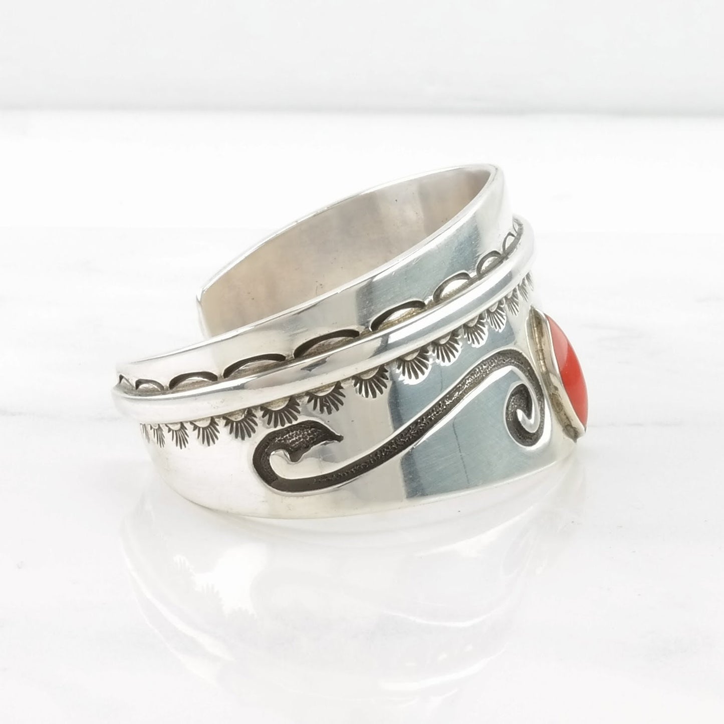 Native American Sterling Silver Cuff Bracelet Red Coral Stamped