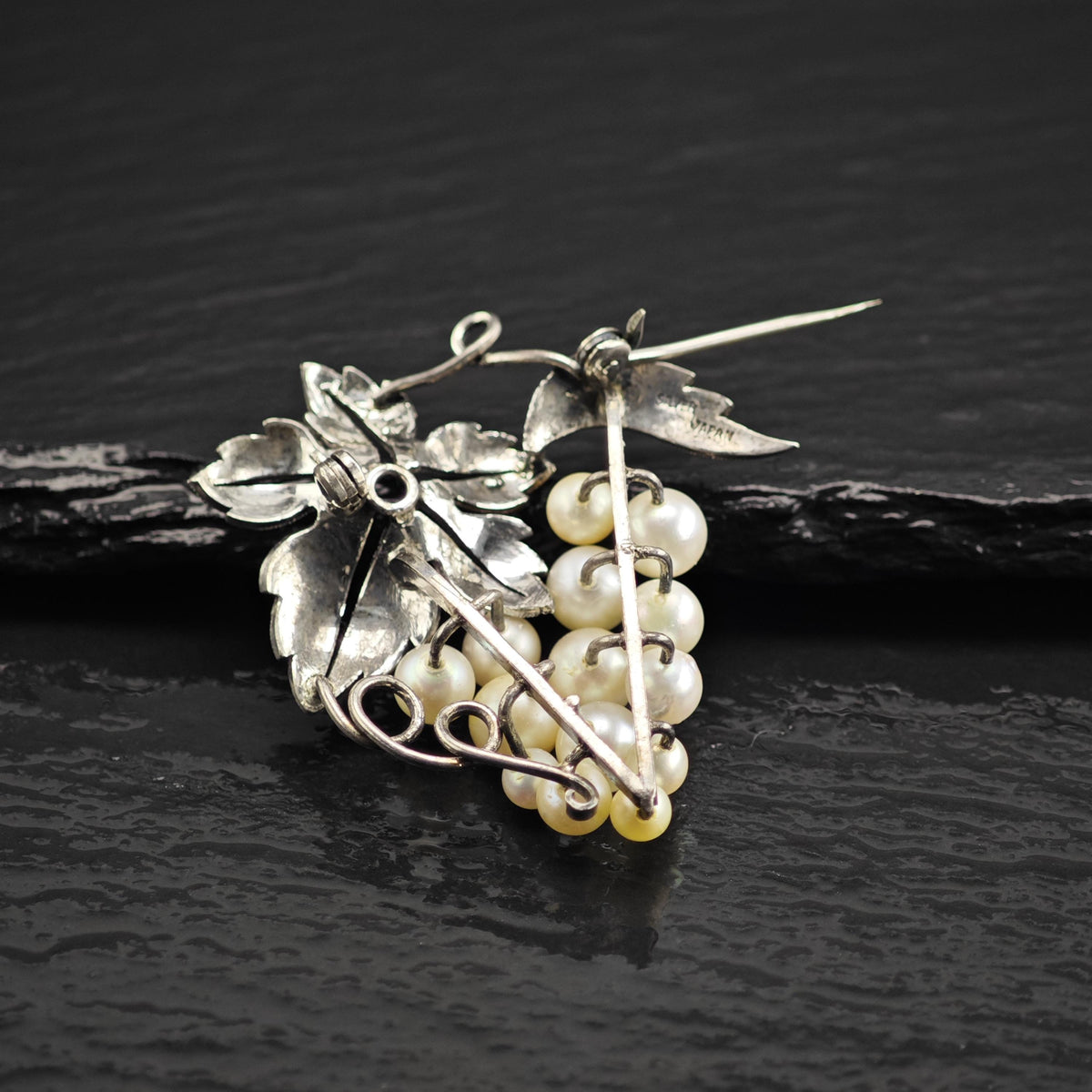 Japan Akoya Cultured Pearls, Grape Vine Sterling Silver Brooch B2260