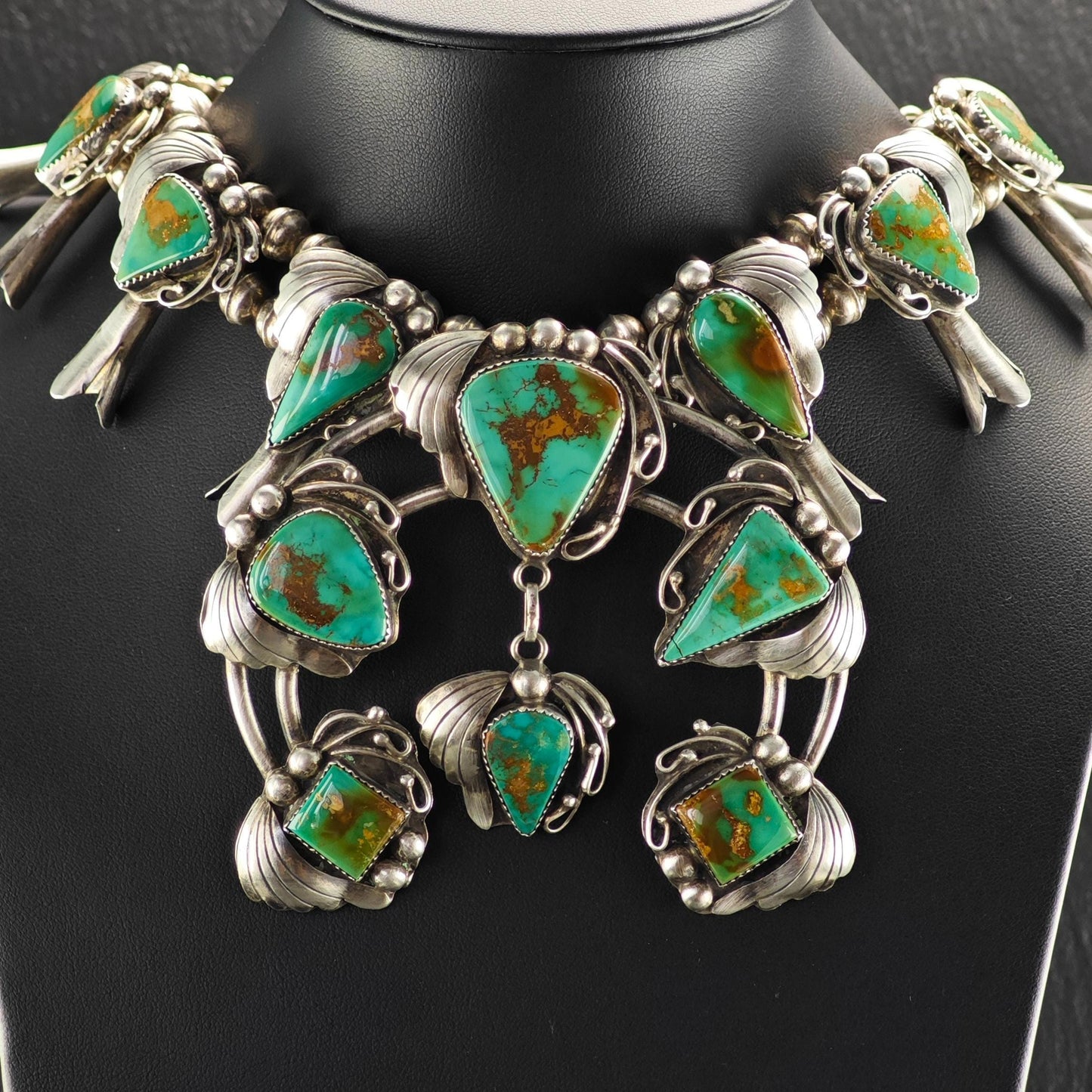 Native American Green Royston Turquoise Squash Blossom Necklace Sterling Silver