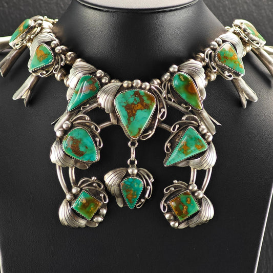 Native American Green Royston Turquoise Squash Blossom Necklace Sterling Silver