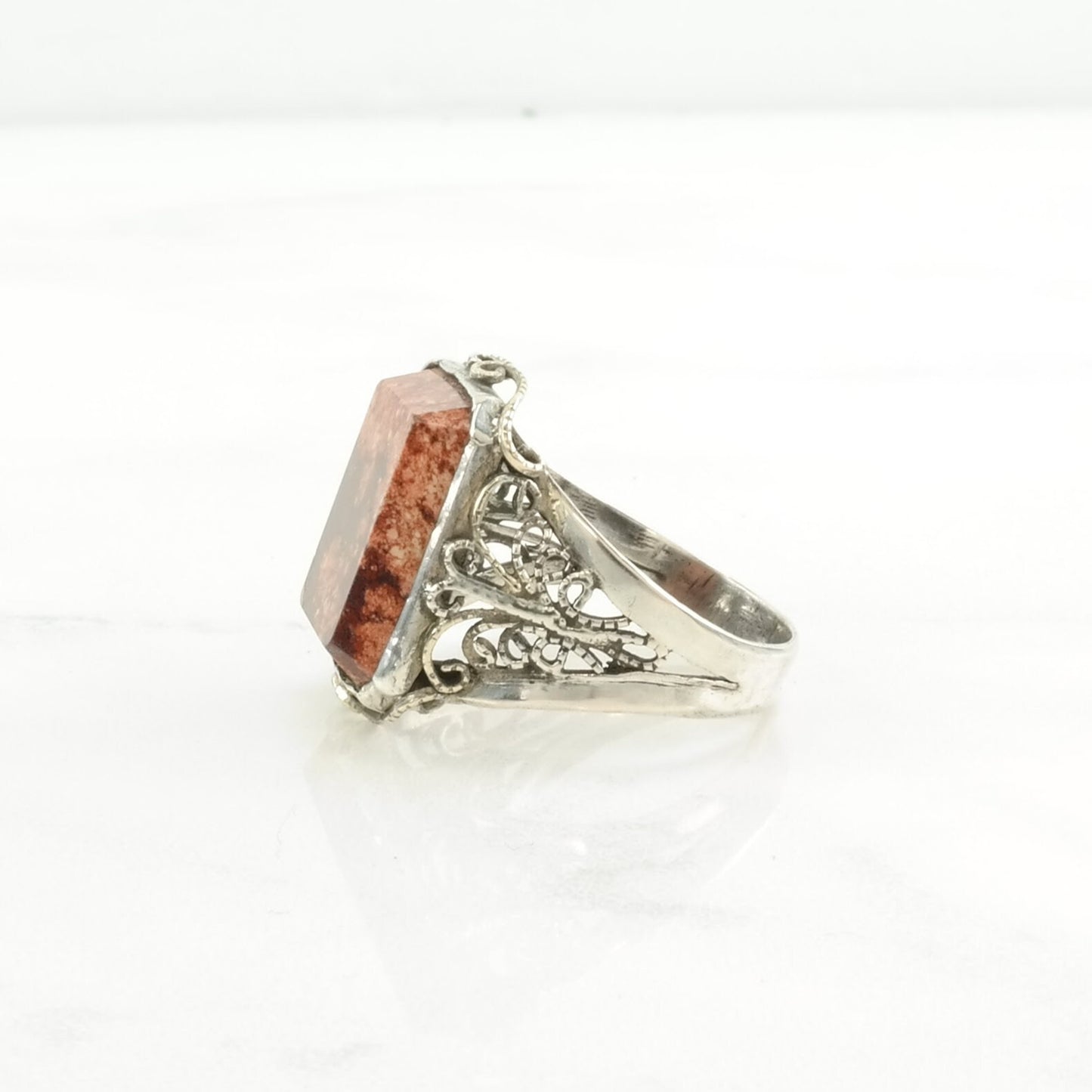 Art Deco Ring Filigree Brown Gemstone Sterling Silver Size 9 1/4