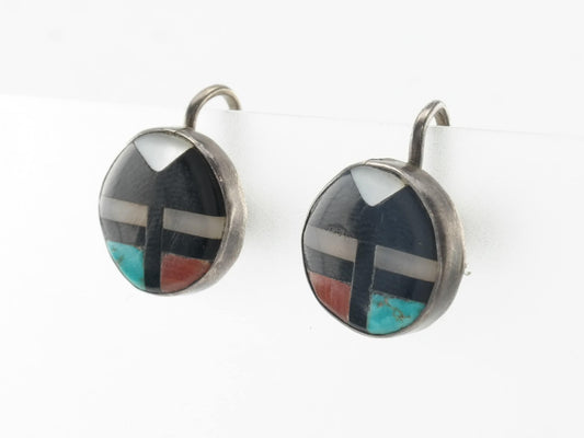 Native American Sterling Silver Multi Gem Inlay Earrings Screw Back