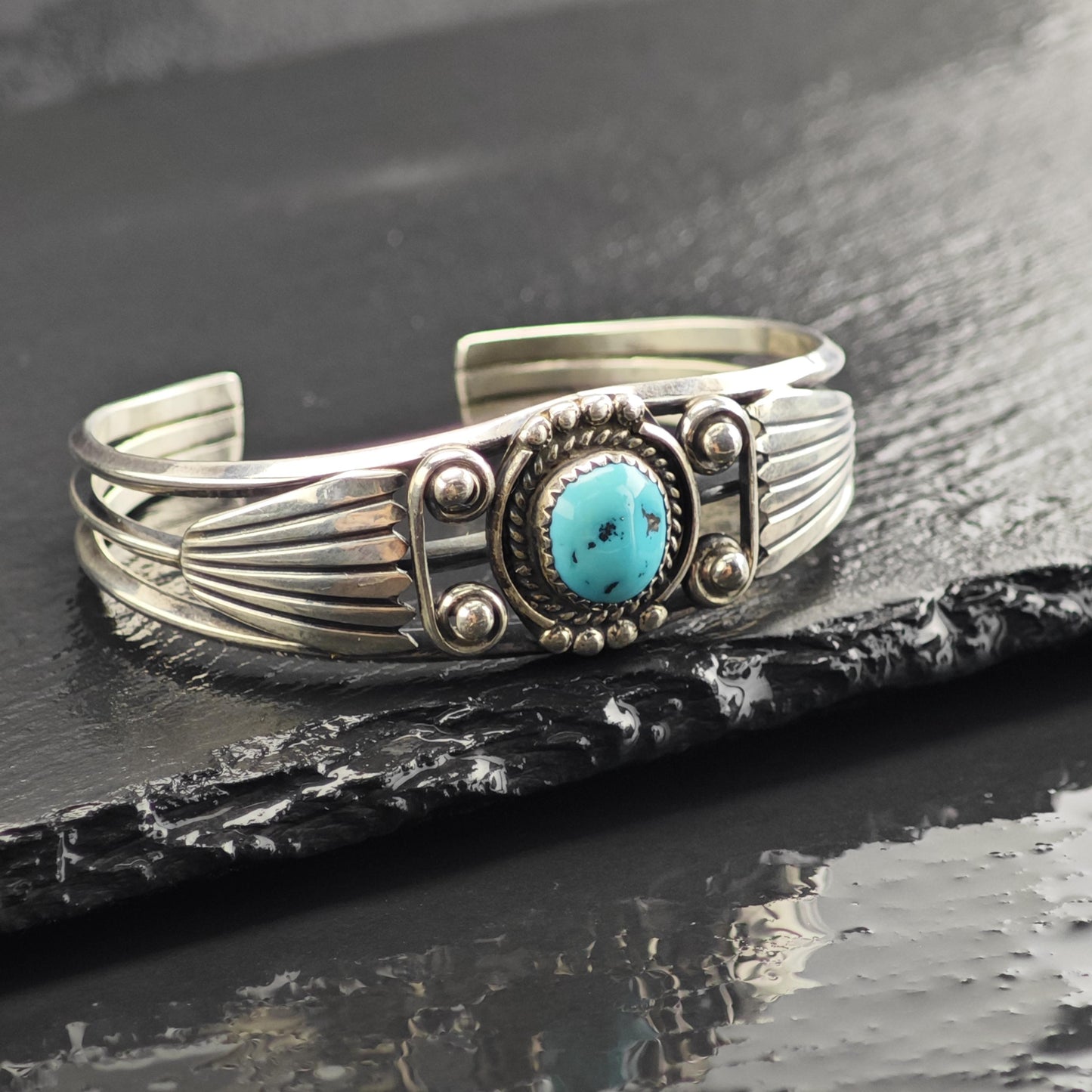 Vintage Navajo, Turquoise Detailed Sterling Silver Cuff Sz 6" BR3132