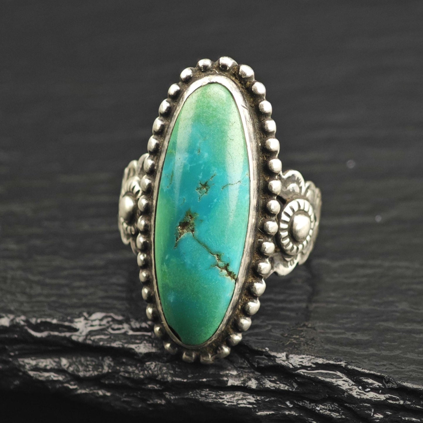 Vintage Native American Green Blue Turquoise Stamped Band Sterling Silver Ring Sz 6 1/2 R6661