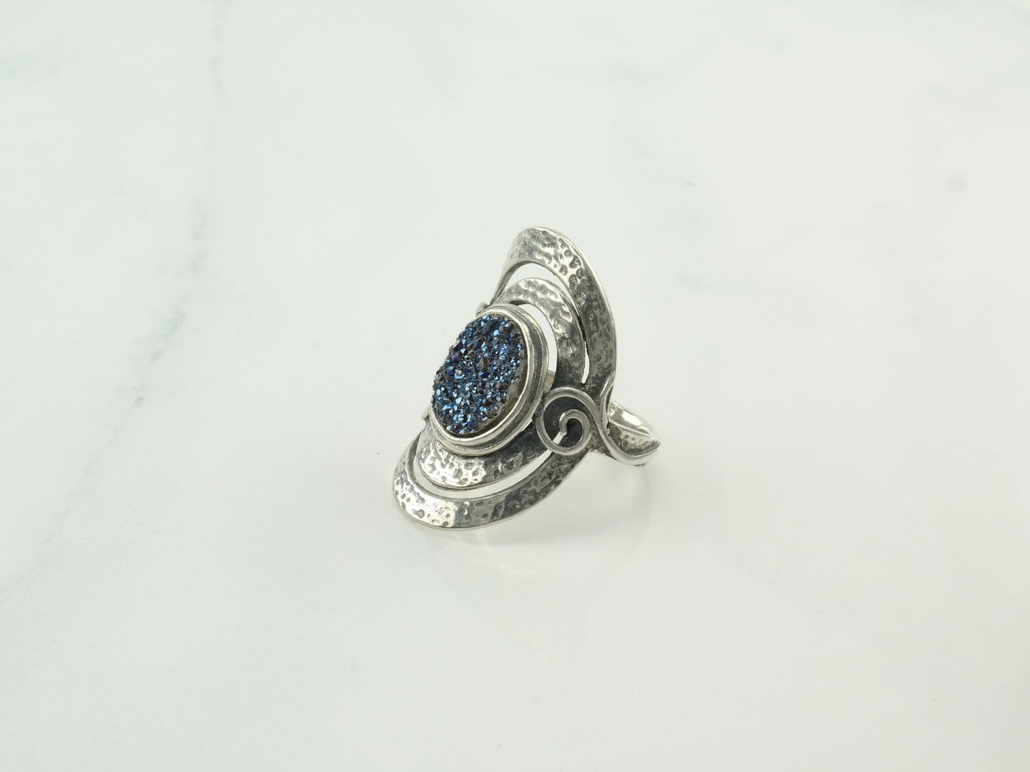 Modernist Silver Ring Druzy Shield Sterling Blue Size 8 1/4