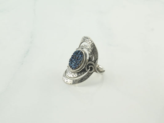 Modernist Silver Ring Druzy Shield Sterling Blue Size 8 1/4