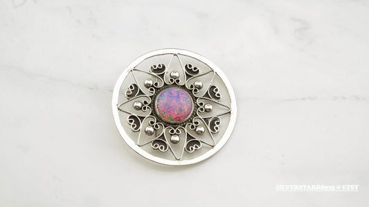 Circle Silver Brooch Opalized Glass Filigree Sterling