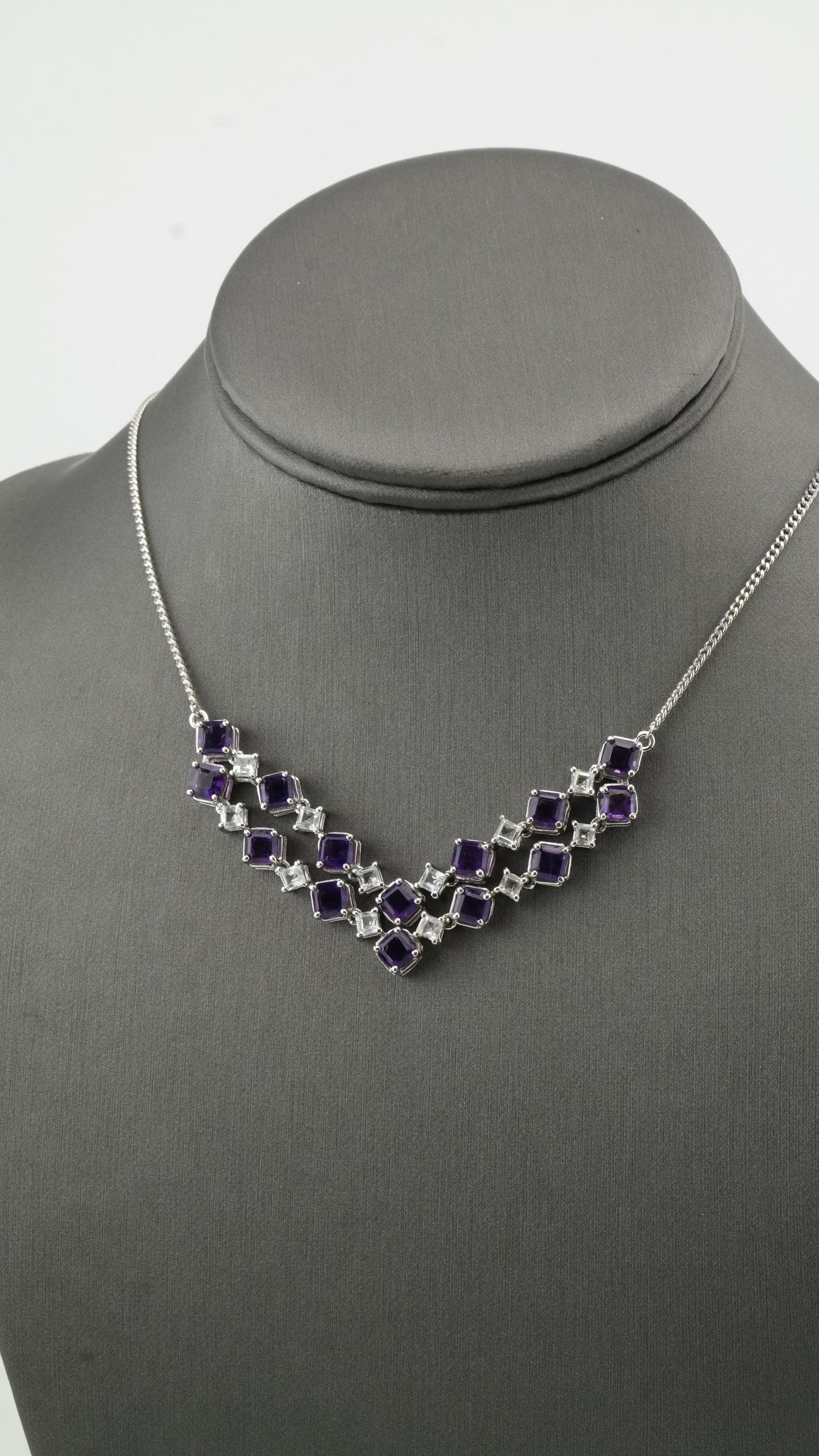 Sterling Silver Amethyst & Topaz Necklace | Geometric Design | Adjustable Length