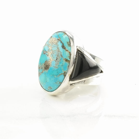 Turquoise Silver Ring, Onyx Sterling Blue, Black Size 7 1/4