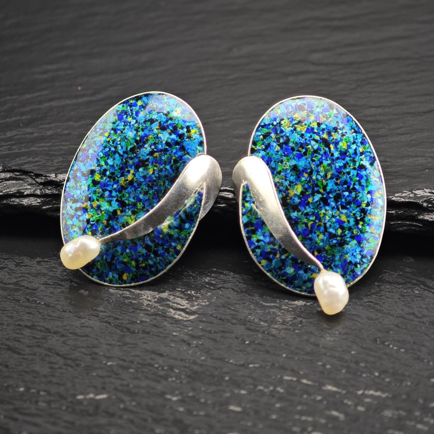 Modernist Handmade Pearl, Enamel Sterling Silver Stud Earrings ER3181