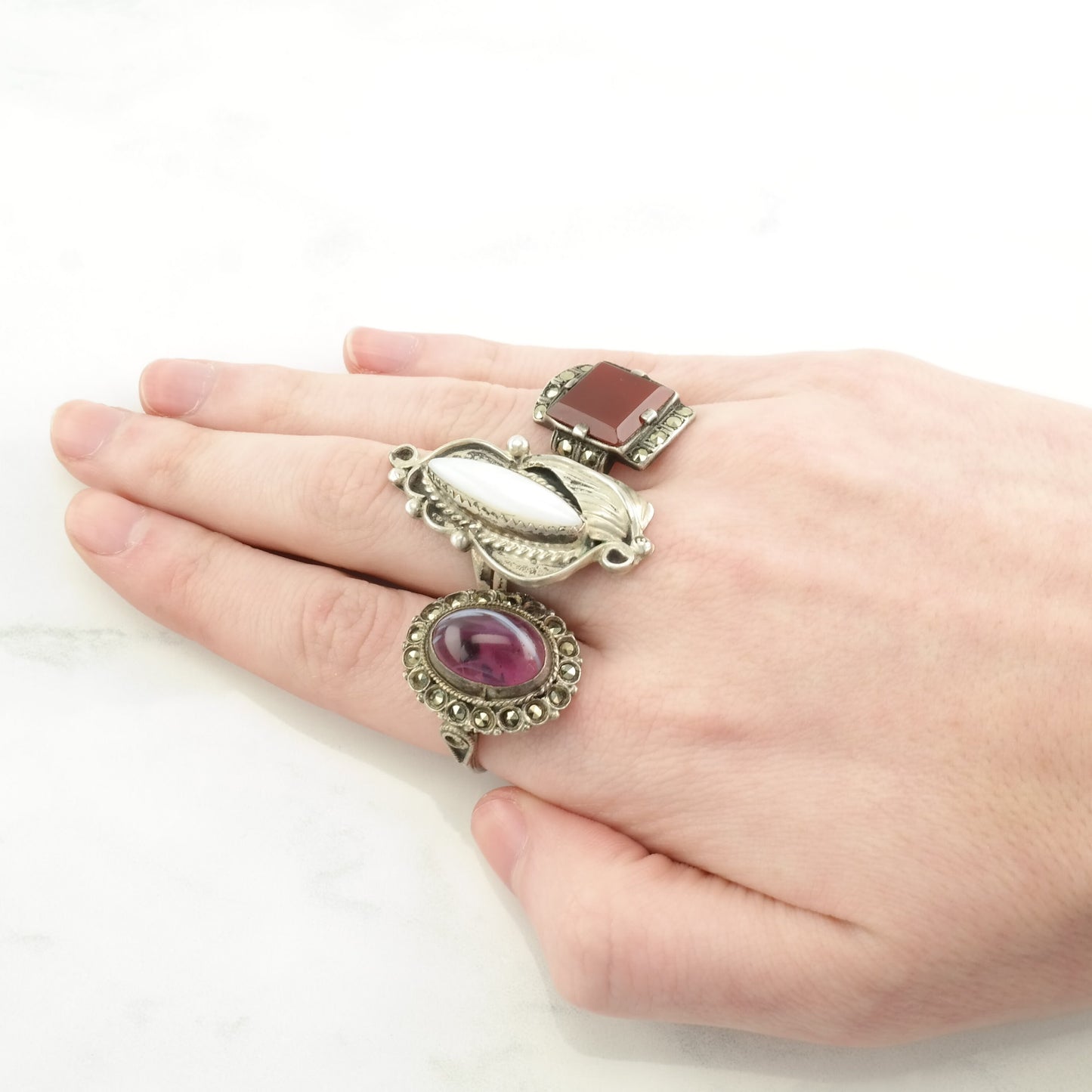 Art Deco Silver Ring Purple Stone Ornate Sterling Size 6