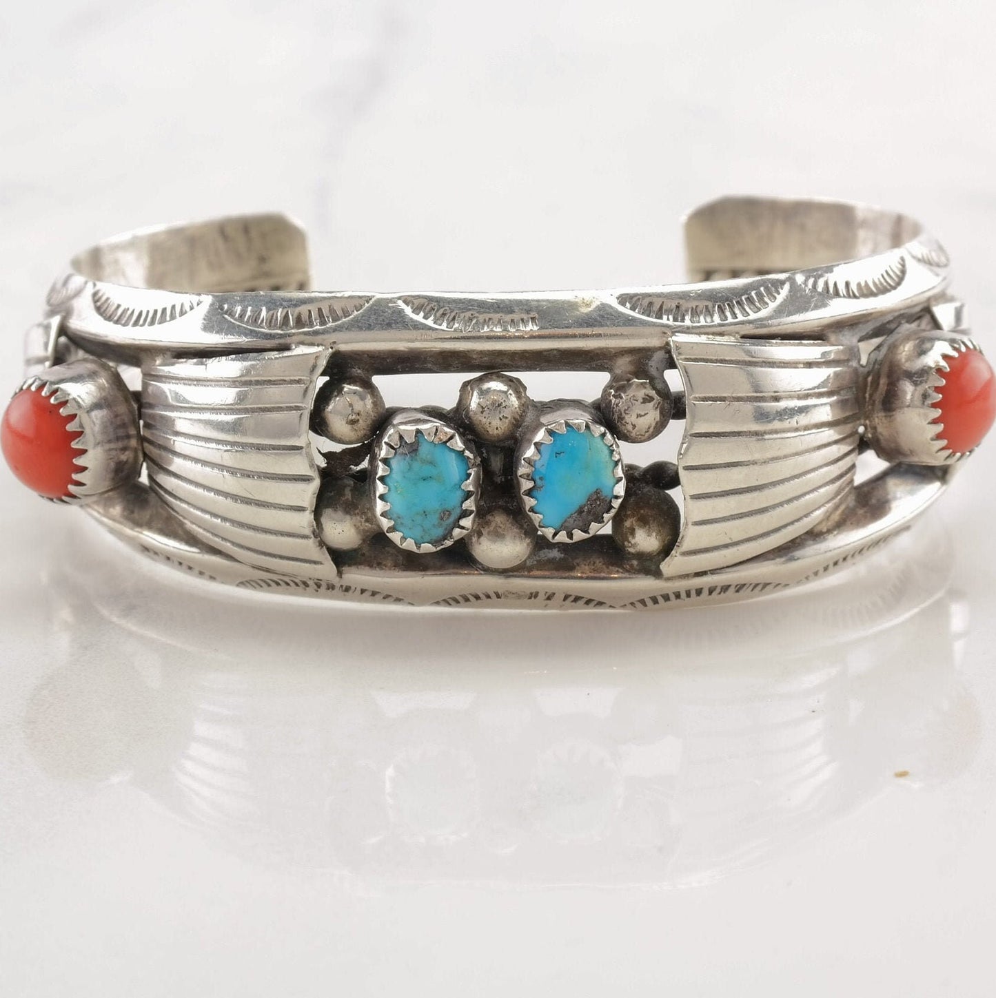 Native American Sterling Silver Turquoise Coral Cuff Bracelet