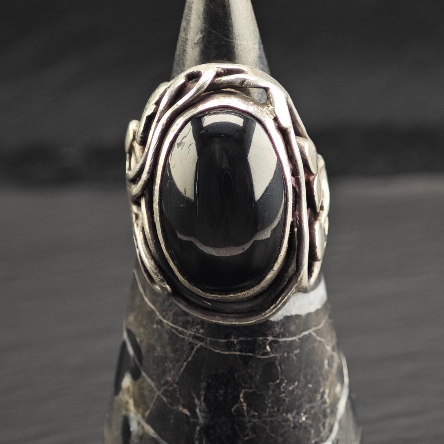 Black Cats Eye Quartz Modernist Sterling Silver Ring Sz 8 R6637