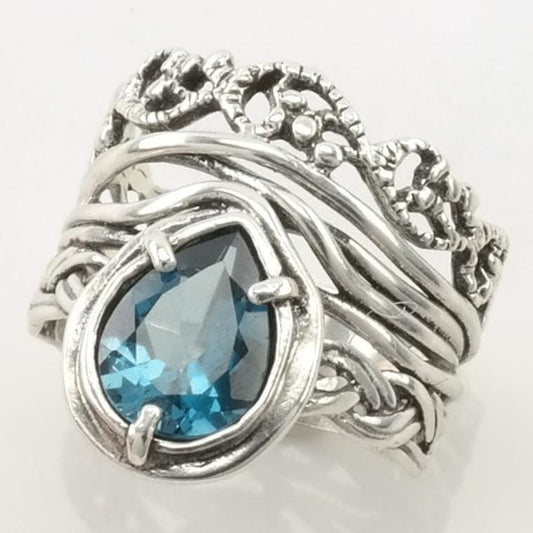 Vintage Israel Silver Ring Topaz Braided Sterling Blue Size 7 1/2