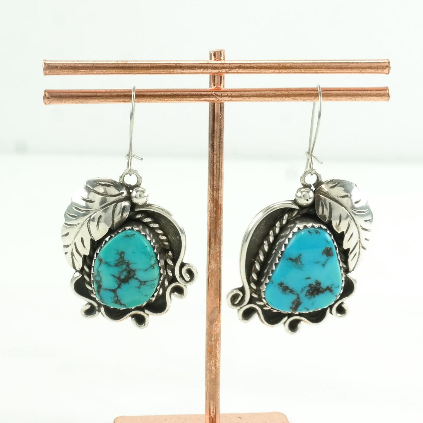 Vintage Sterling Silver Fish Hook/Dangle Earrings Native American Blue Turquoise Leaf