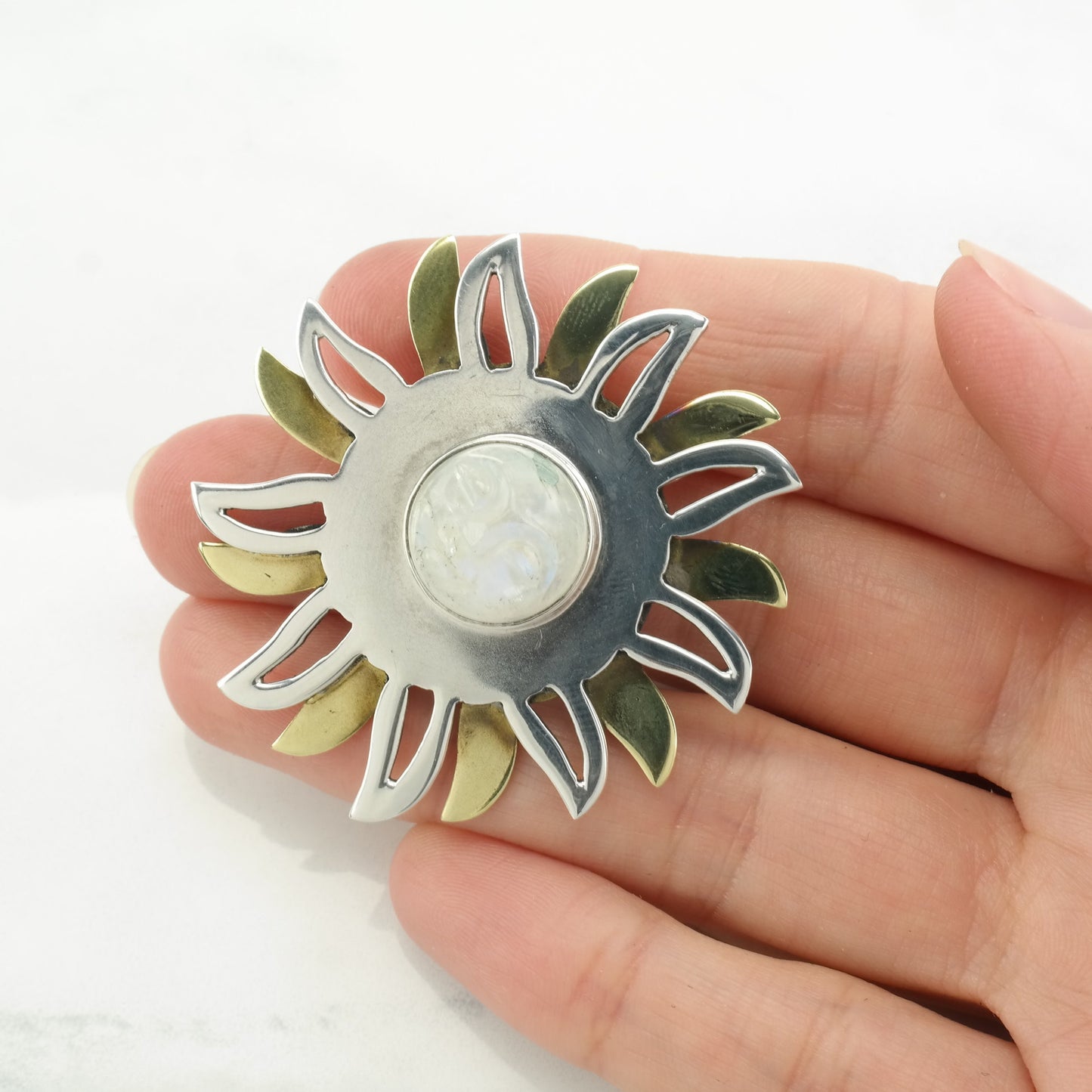 Mexican Sterling Silver Brooch Pendant Two Tone Sun, Carved Moonstone