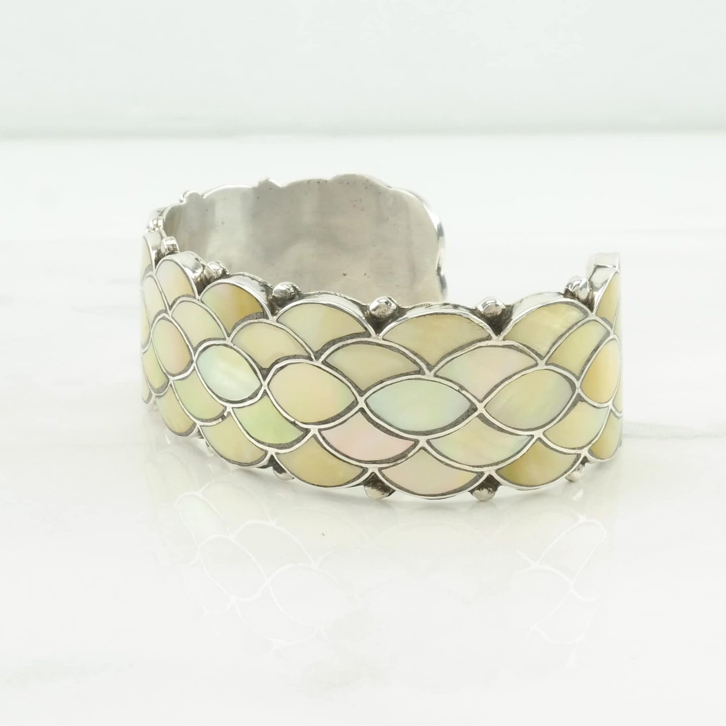 Zuni Sterling Silver Cuff Bracelet MOP Inlay, Fishscale