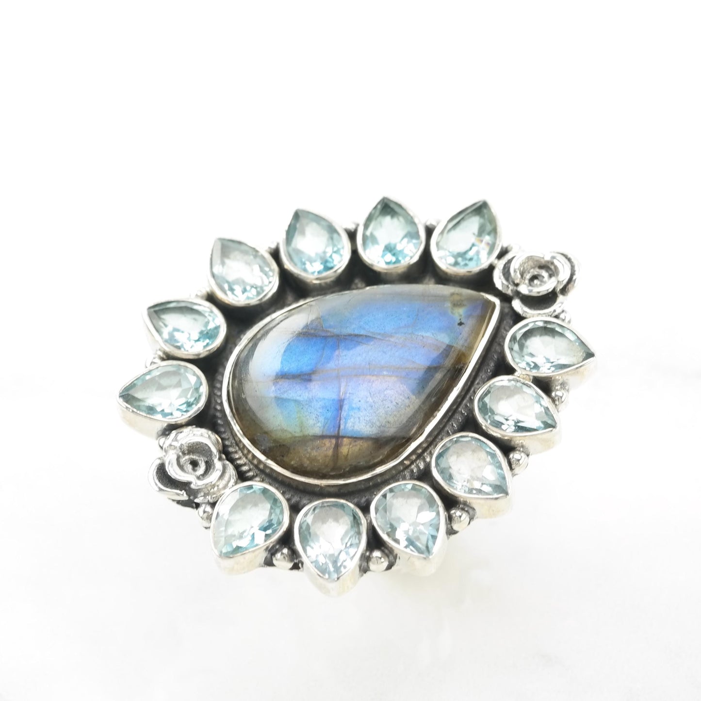 Vintage Large Topaz Labradorite Sterling Silver Ring Blue Rainbow Adjustable