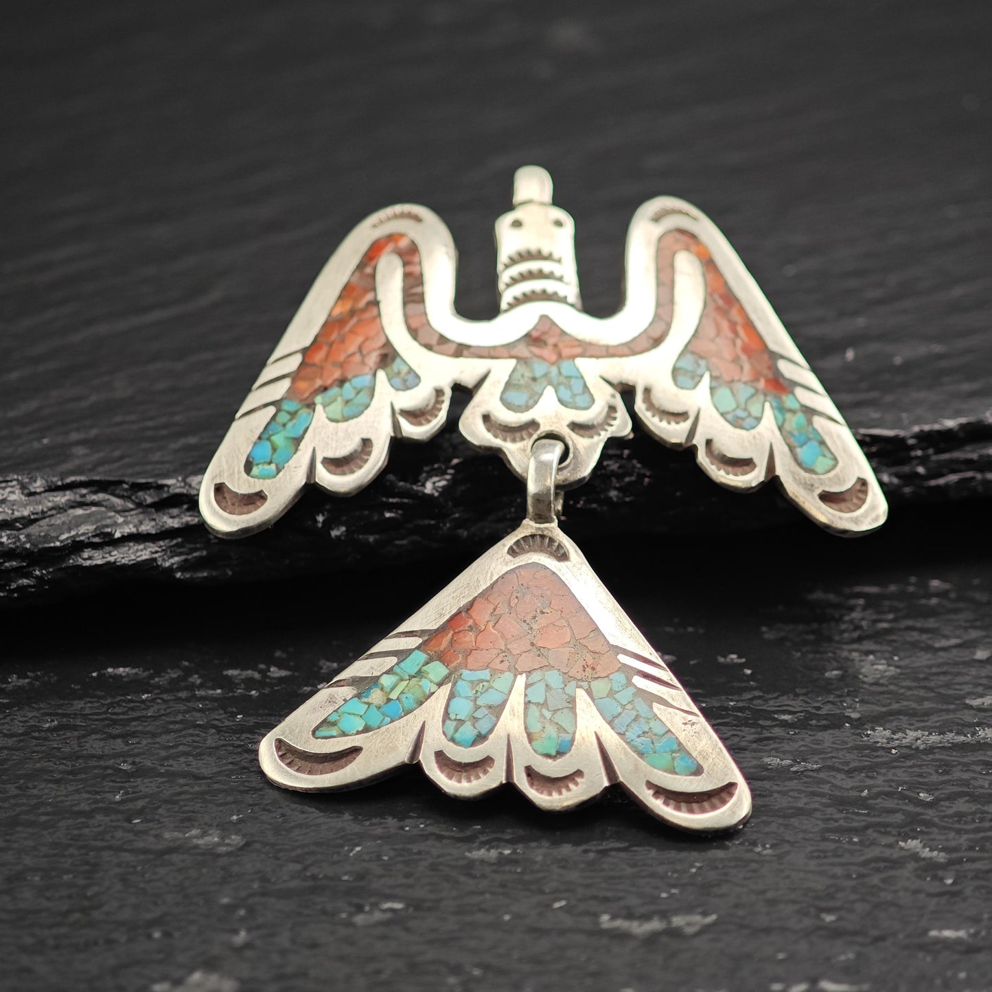 Native American Coral, Turquoise Inlay Thunderbird Pendant/Brooch, Sterling Silver P3020