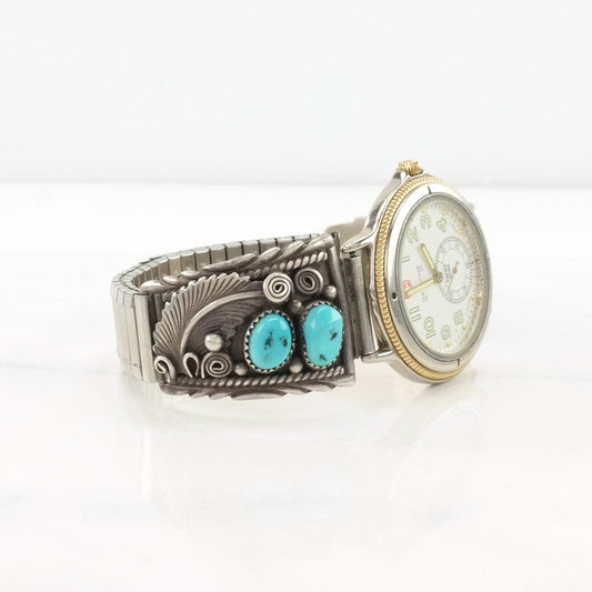 For Parts, Native American Sterling Silver Watch Tips Bracelet Blue Turquoise Sleeping Beauty