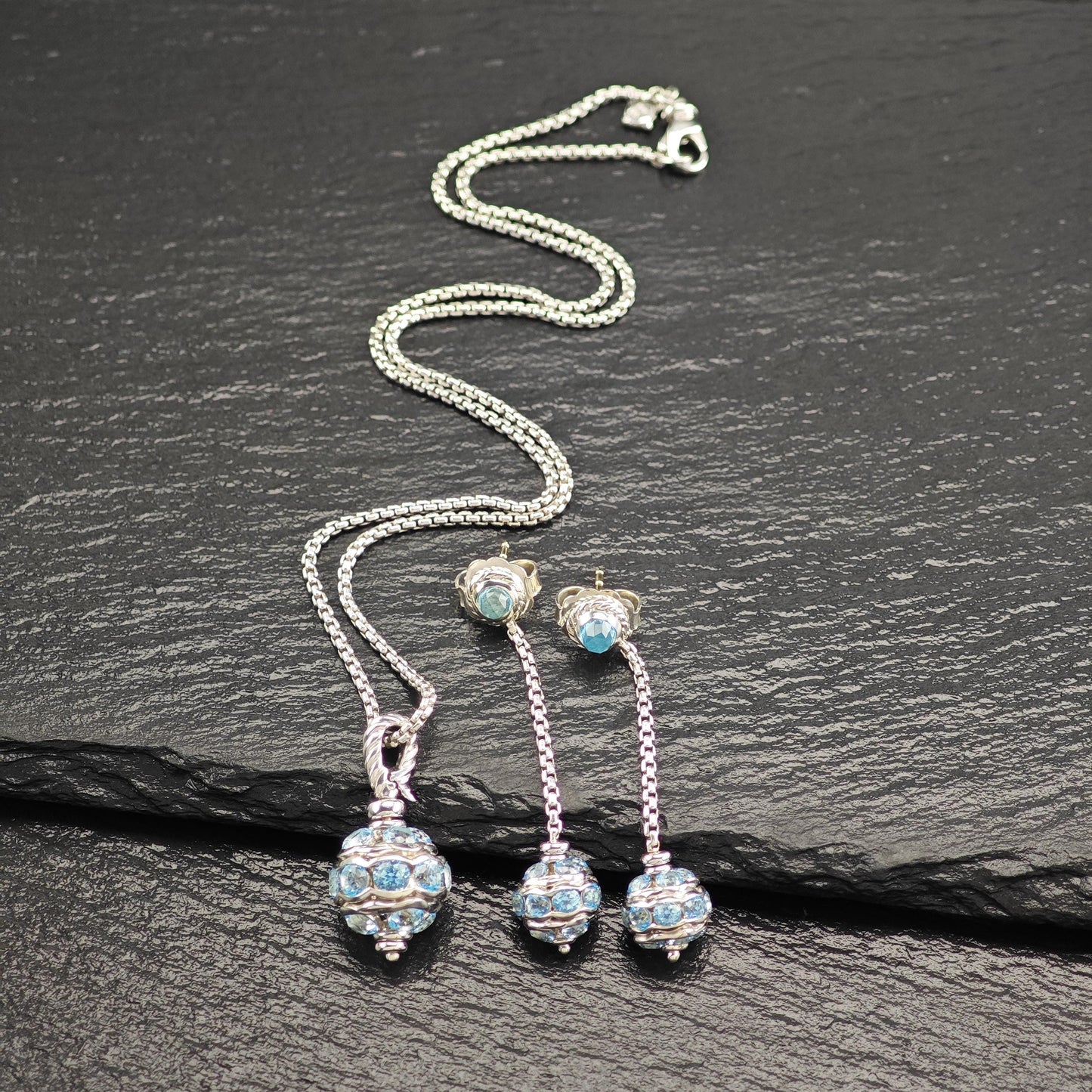 David Yurman Blue Topaz, 18K Gold Post Sterling Silver Earring/Necklace Set