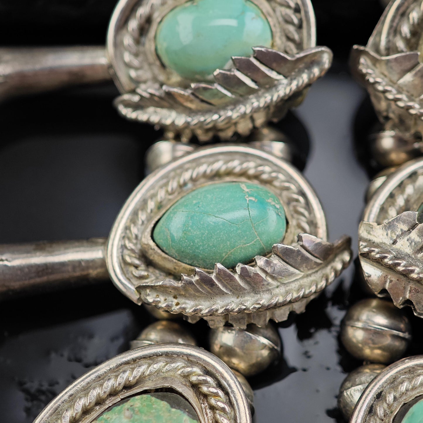 Vintage Native American Morenci Turquoise Sterling Silver Squash Blossom Necklace N2728