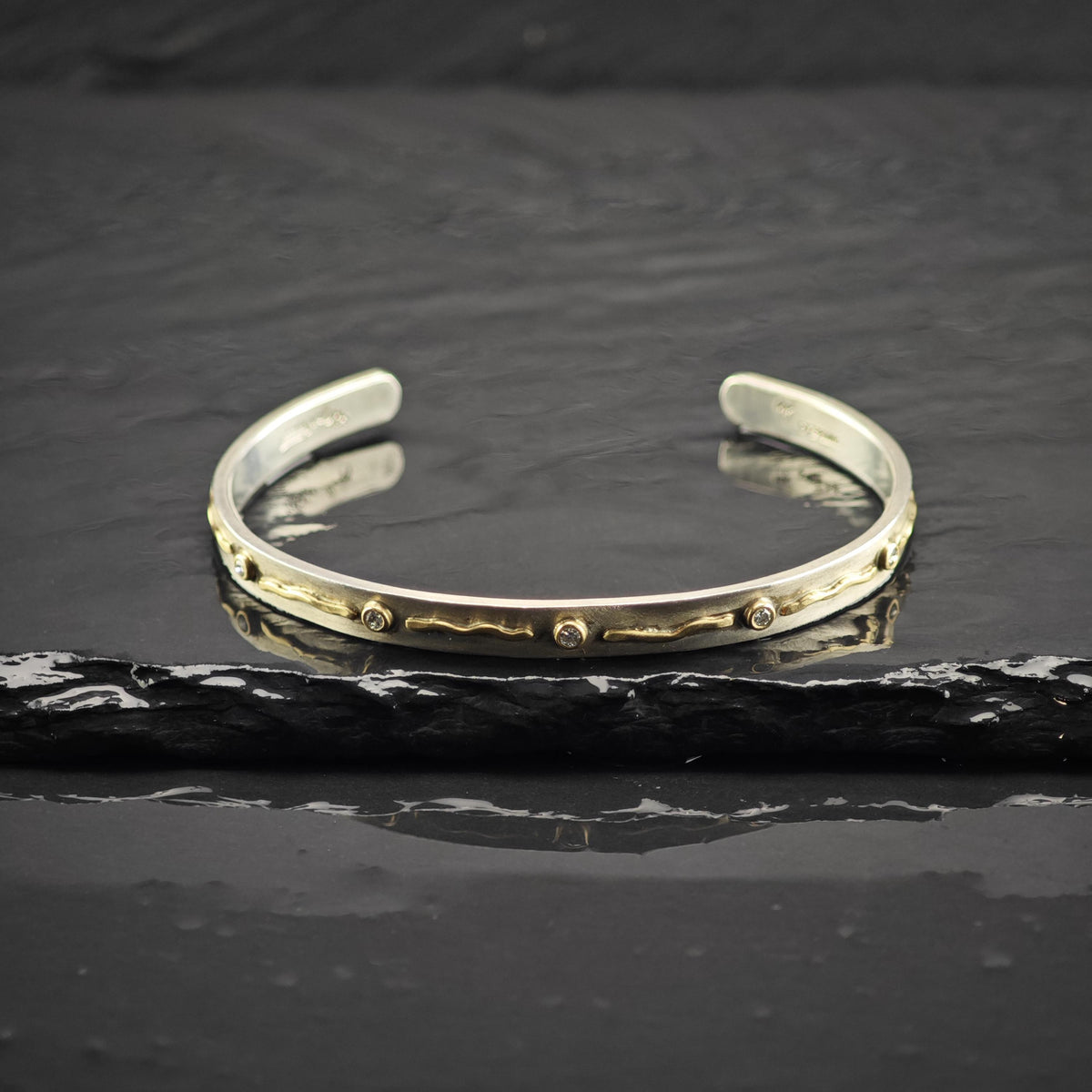 Artist Signed Diamond 14K Gold Accent, Thin Sterling Silver Cuff Bracelet Sz 6 1/4" BR3174