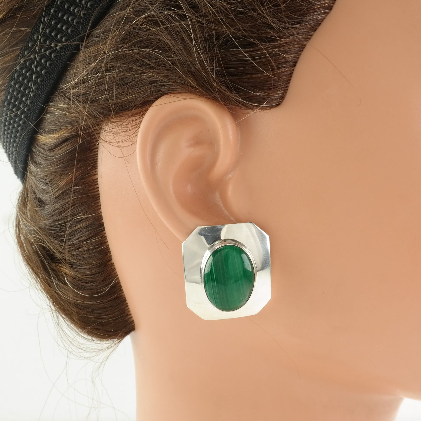 Vintage Sterling Silver Green Malachite Earrings Stud