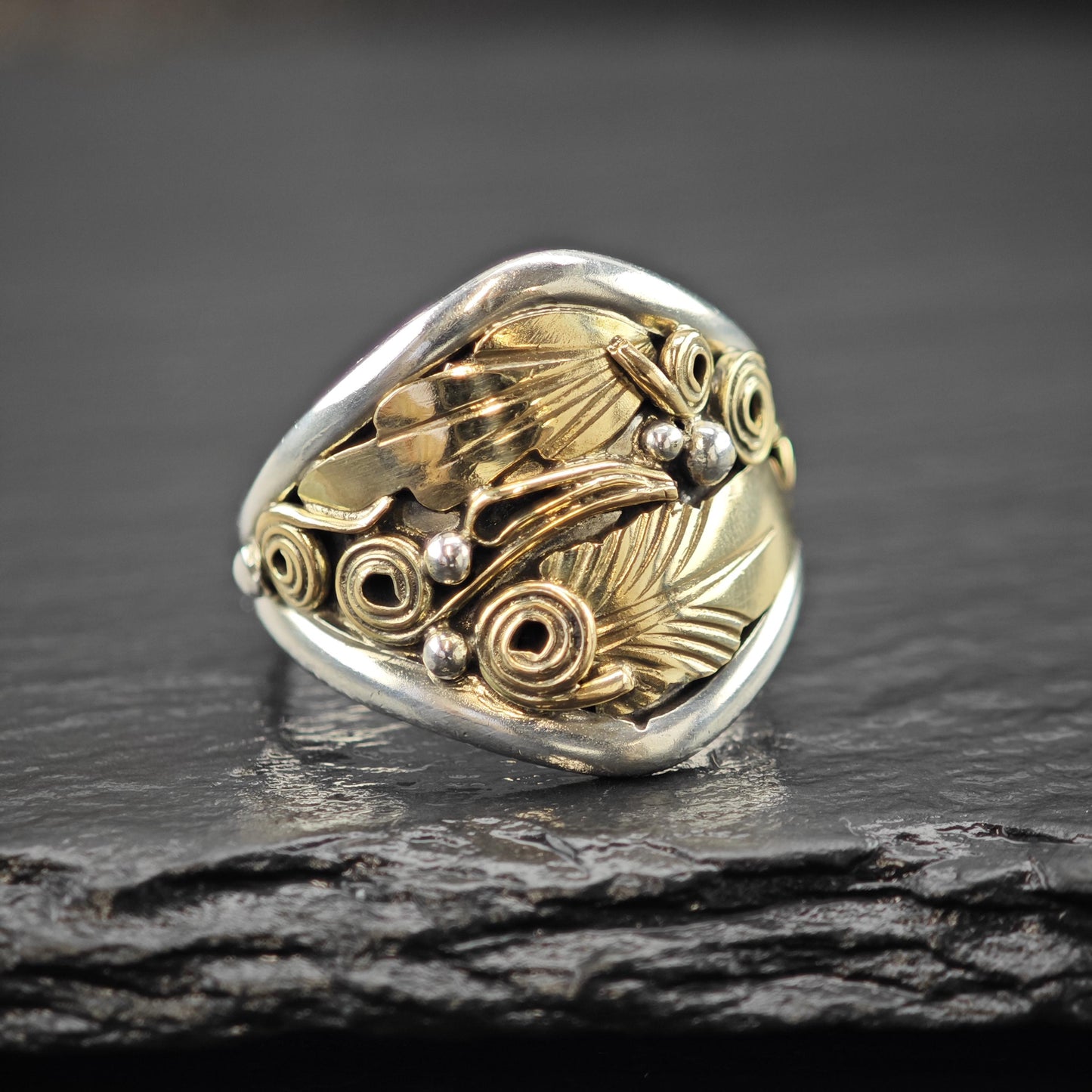 J. Morris 12K Gold Filled Floral Ring Sterling Silver Sz 10 1/4