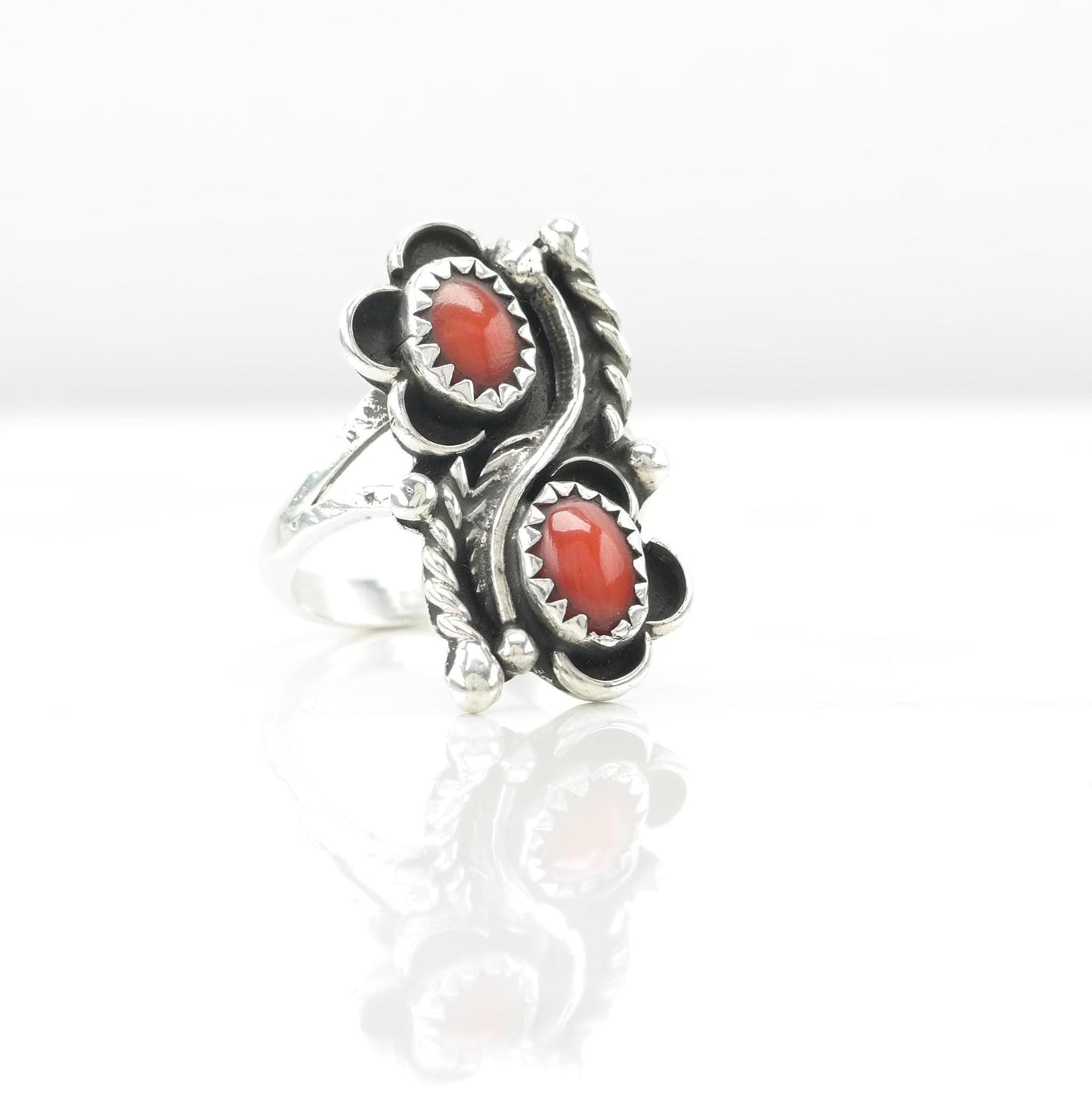 Sw Silver Ring Coral Floral, Shadow Box Sterling Red Sz5 R5418
