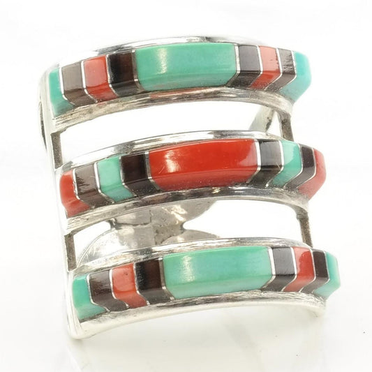 Vintage Native American Silver Ring Turquoise Coral Onyx Triple Stack Inlay Sterling Size 7 3/4