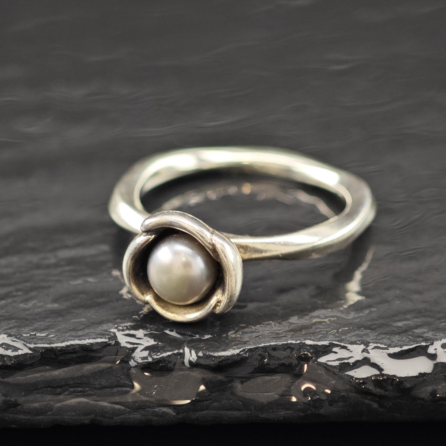 Pandora Grey Pearl Floral Ring Sterling Silver Sz 8