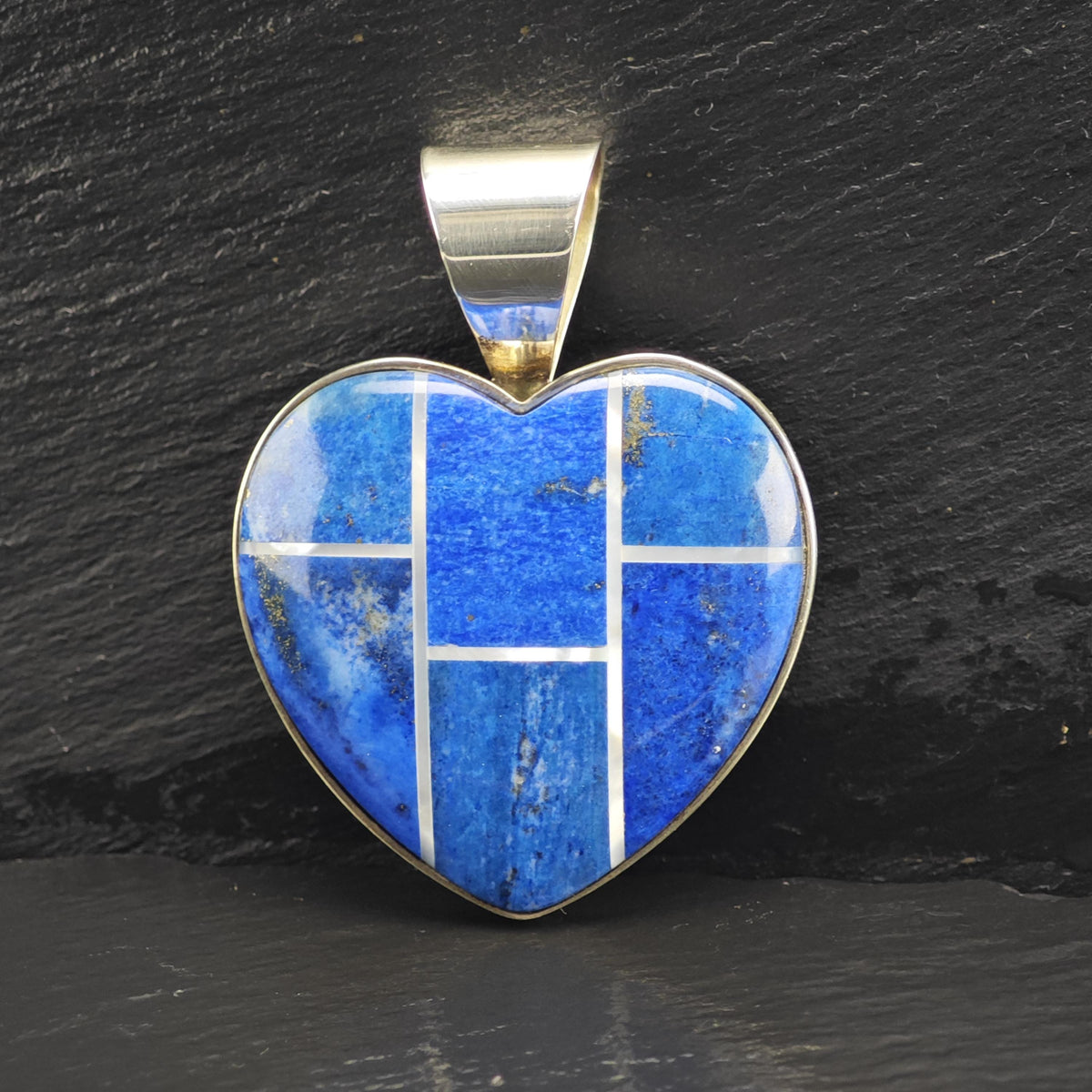 Large DTR Lapis, MOP Inlay Heart Sterling Silver Pendant P3089