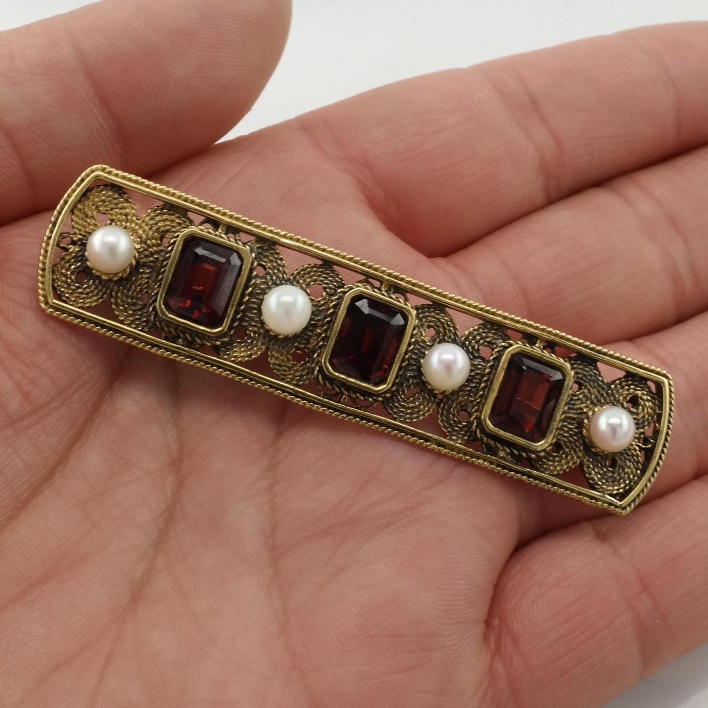 MFA Garnet Pearl Brooch Sterling Silver Gold Gilded