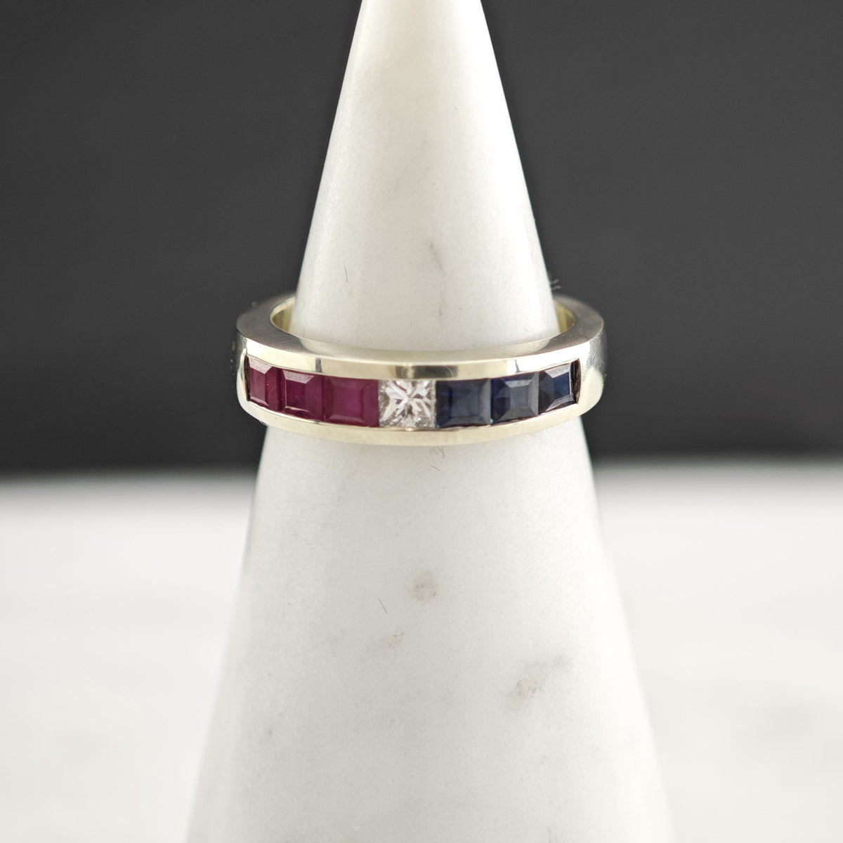 Red White & Blue Diamond Ruby Sapphire 14K White Gold Ring Sz 5 3/4 R6804