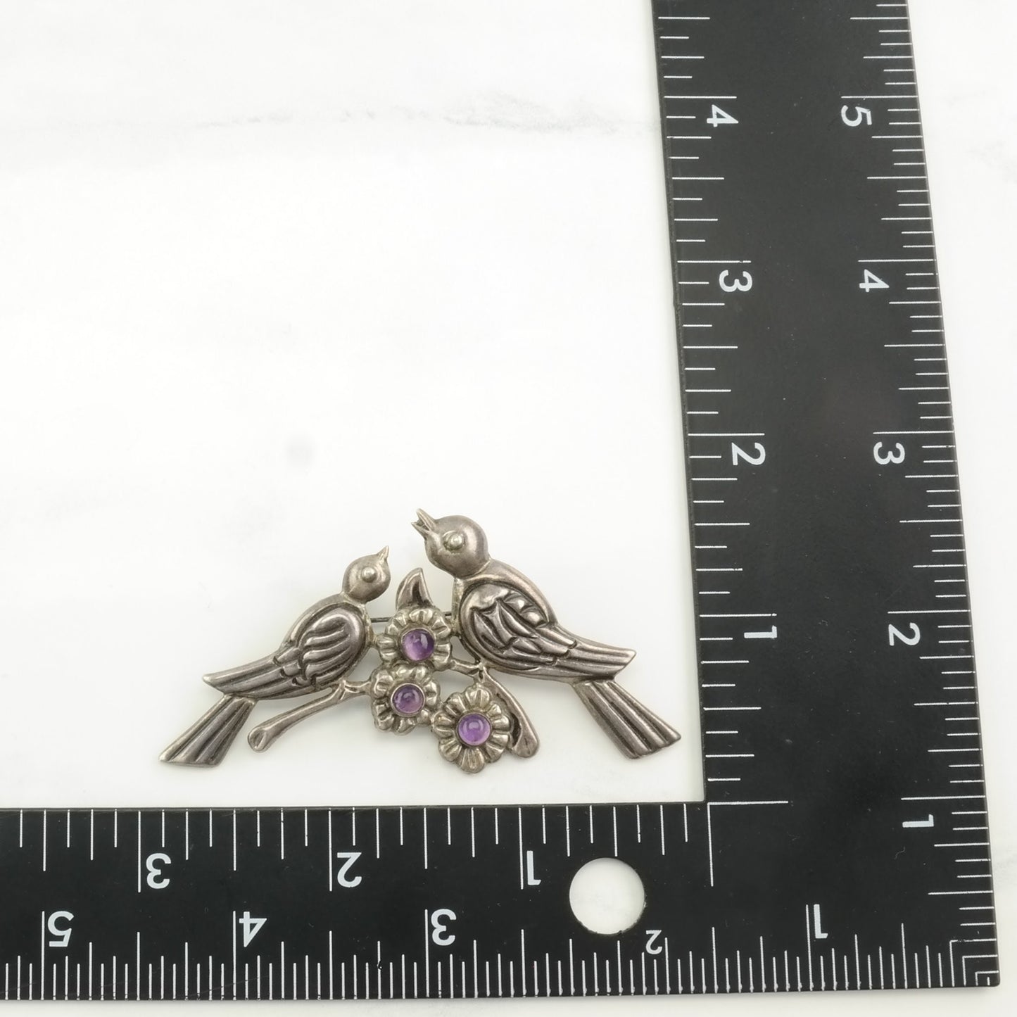 Vintage Taxco Sterling Silver Brooch Bird, Floral Purple Amethyst