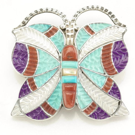 Vintage Silver Brooch Pendant Butterfly, Carved Turquoise, Coral Inlay Sterling