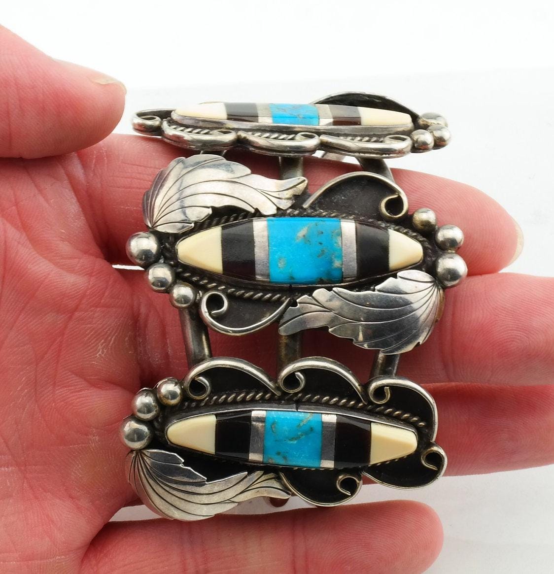 Native American Sterling Silver Inlay Cuff Bracelet Turquoise & Gemstone