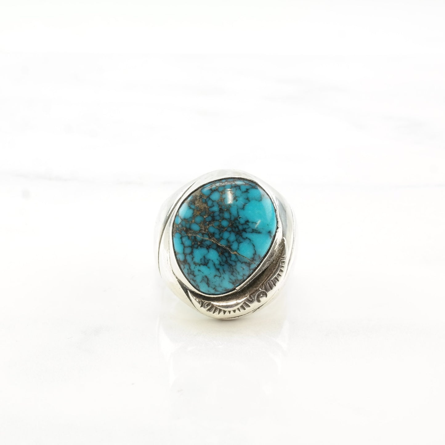 Native American Silver Ring Lone Mountain Spiderweb Turquoise Hairline Crack Sterling Size 8 1/4