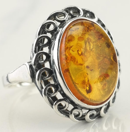 Vintage Sterling Silver Amber Ring Size 6 1/2