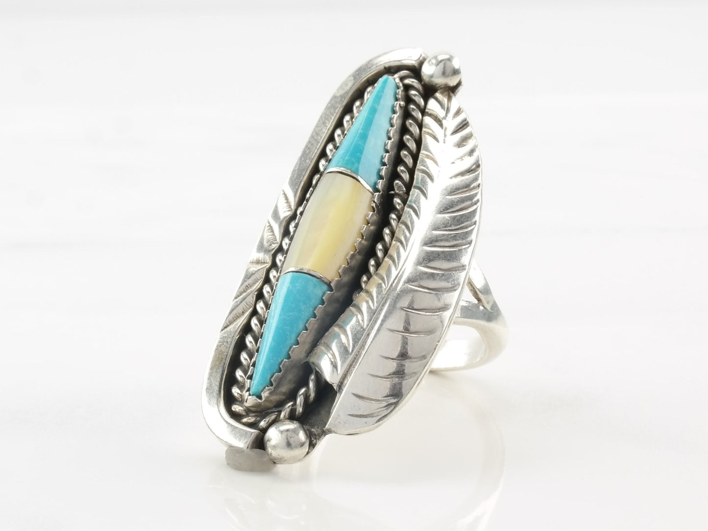 Vintage Native American Silver Ring MOP, Turquoise Inlay, Feather, Navette Size 7