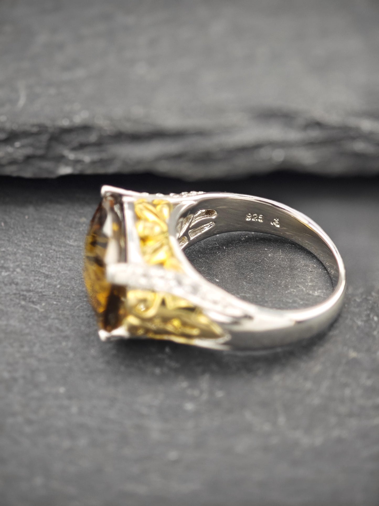 Duo Tone, Smoky Quartz & White Topaz Ring Sterling Silver
