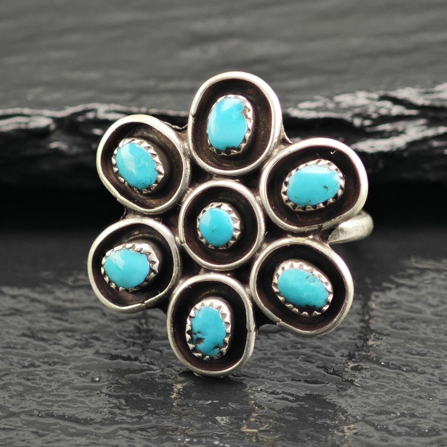 Vintage Native American Turquoise Flower Sterling Silver Ring Sz 7 3/4 R6646