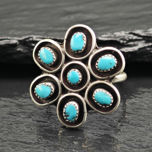 Vintage Native American Turquoise Flower Sterling Silver Ring Sz 7 3/4 R6646