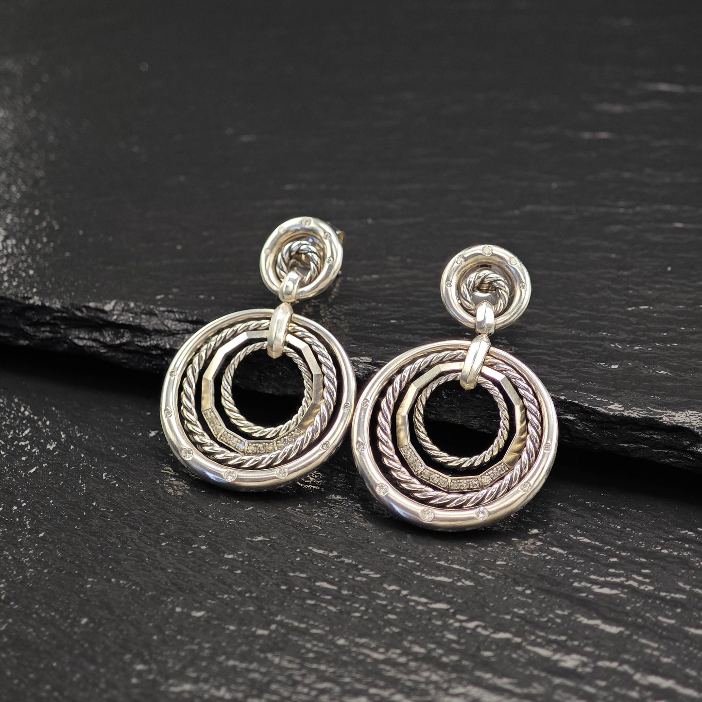 David Yurman Diamonds Stax, 14k Gold Posts Stud/Dangle Earrings Sterling Silver