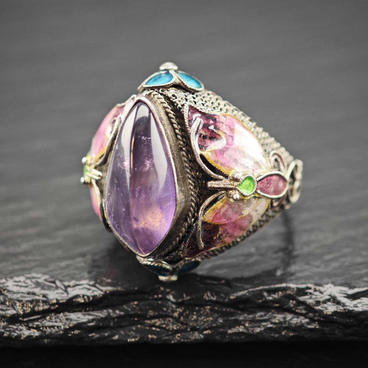 Chinese Export Amethyst, Enamel, Ring Flower Sterling Silver Sz 9