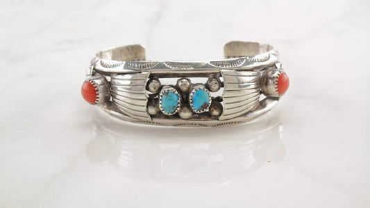 Native American Sterling Silver Cuff Bracelet Blue, Orange Turquoise Coral